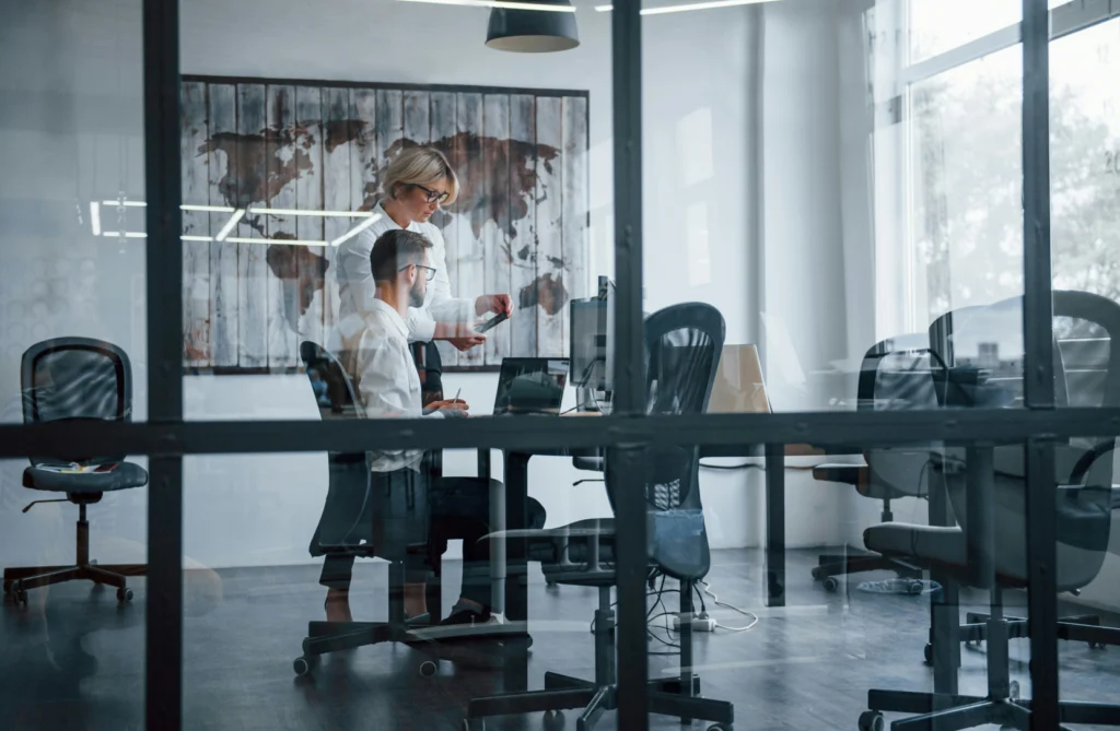 Two professionals collaborating in a modern office